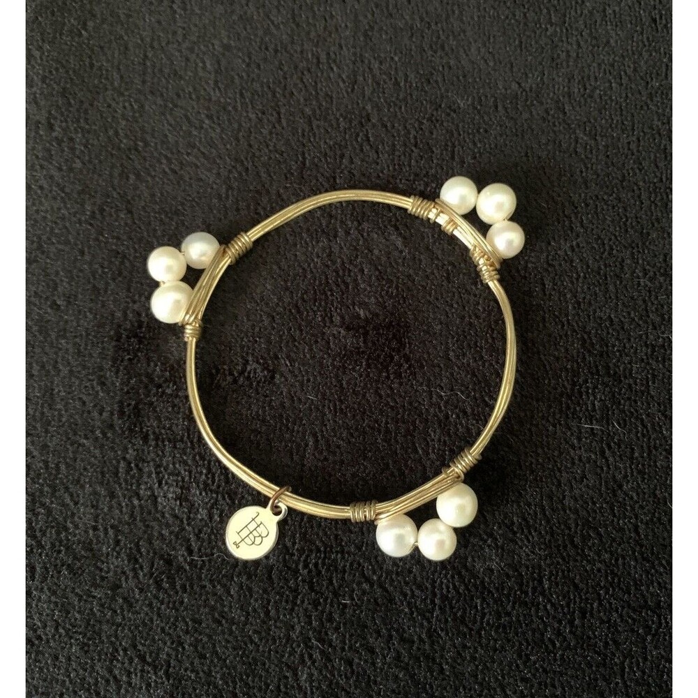 Bourbon And Boweties Goldtone Wire Wrap Faux Pearls Bangle Bracelet 7.5"